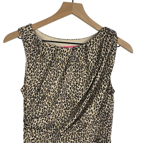 BETSEY JOHNSON Leopard Print Midi Sheath Dress Ruched Sleeveless Size 6 Classic - Picture 5 of 12